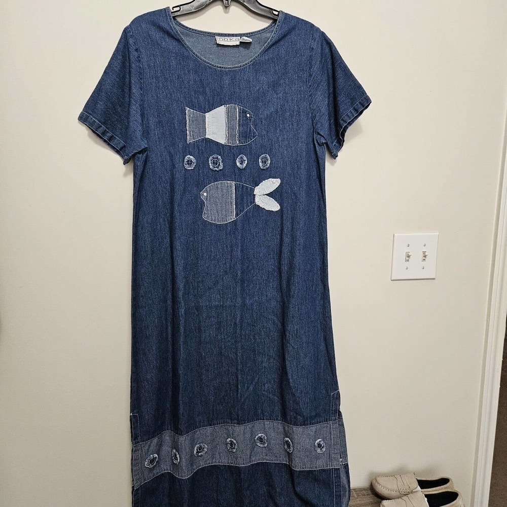 Moka Womens Size M Denim Blue Maxi Dress Fish Appliques Slit On Both Sides